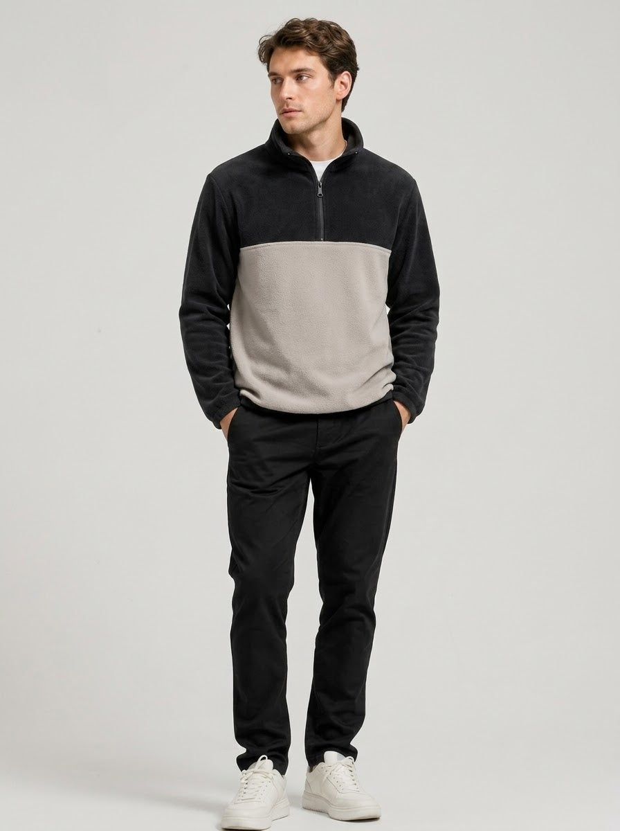Renk Bloklu Yarım Fermuarlı Dik Yaka Peluş Sweat