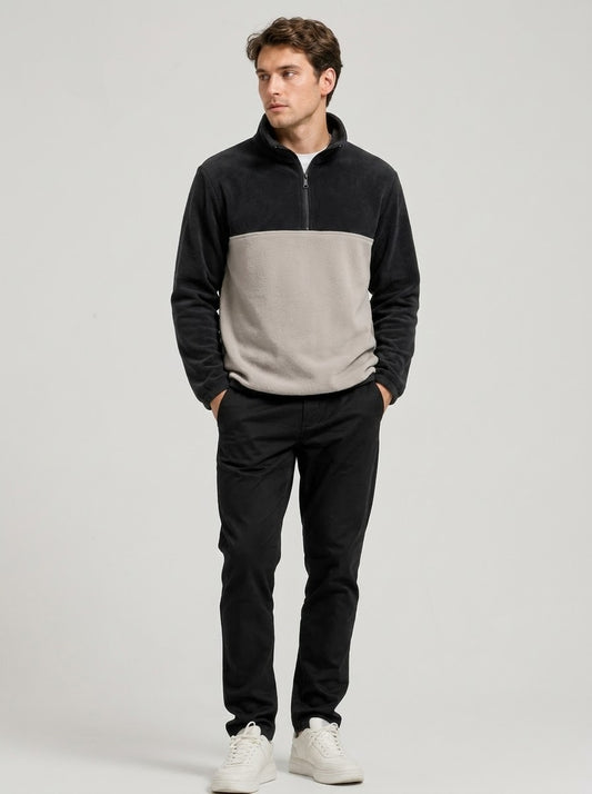 Renk Bloklu Yarım Fermuarlı Dik Yaka Peluş Sweat