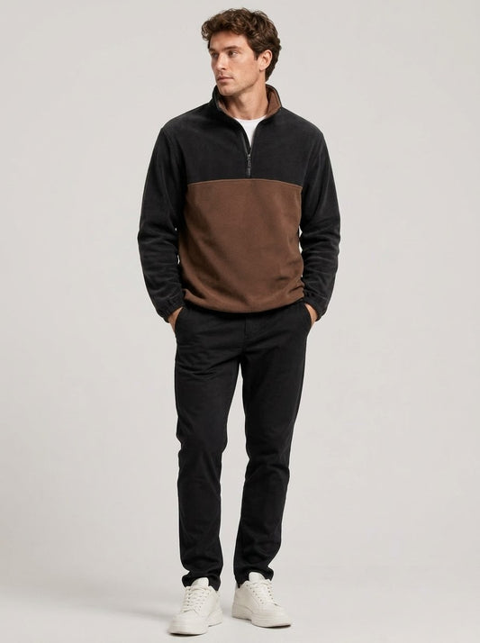 Renk Bloklu Yarım Fermuarlı Dik Yaka Peluş Sweat